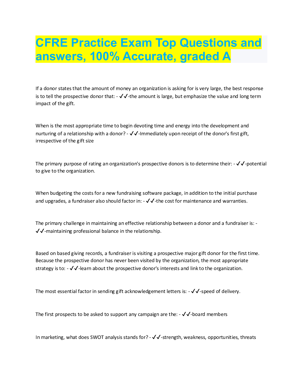 Preview image for CFRE Practice Exam Top Questions and  answers, 100% Accurate, graded A